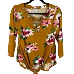 New York Laundry Floral 3/4 Sleeve Tie Front Top Petite Large Golden Yellow